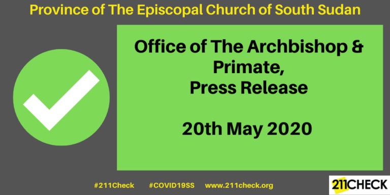 Province of The Episcopal Church of South Sudan, Office of The Archbishop & Primate, Press Release, 20th May 2020