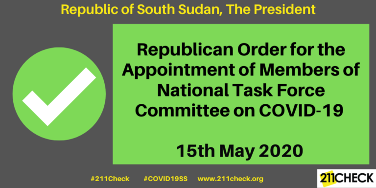 Republic of South Sudan, The President, Republican Order No.12/2020 for the Appointment of Members of The National Task Force Committee on COVID-19, 15th May 2020