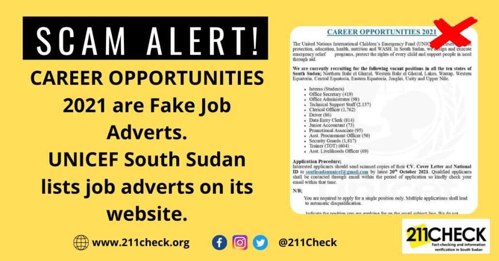 SCAM ALERT Fake UNICEF South Sudan Job Offers
