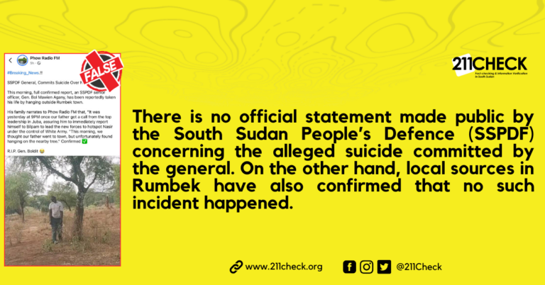 Fact-check: No SSPDF general committed suicide in Rumbek, South Sudan.