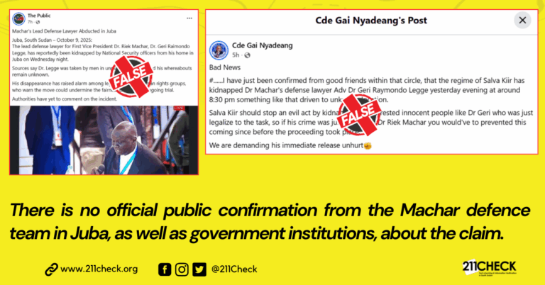 Fact-check: No, Dr. Machar’s lead defence lawyer has not been abducted in Juba.